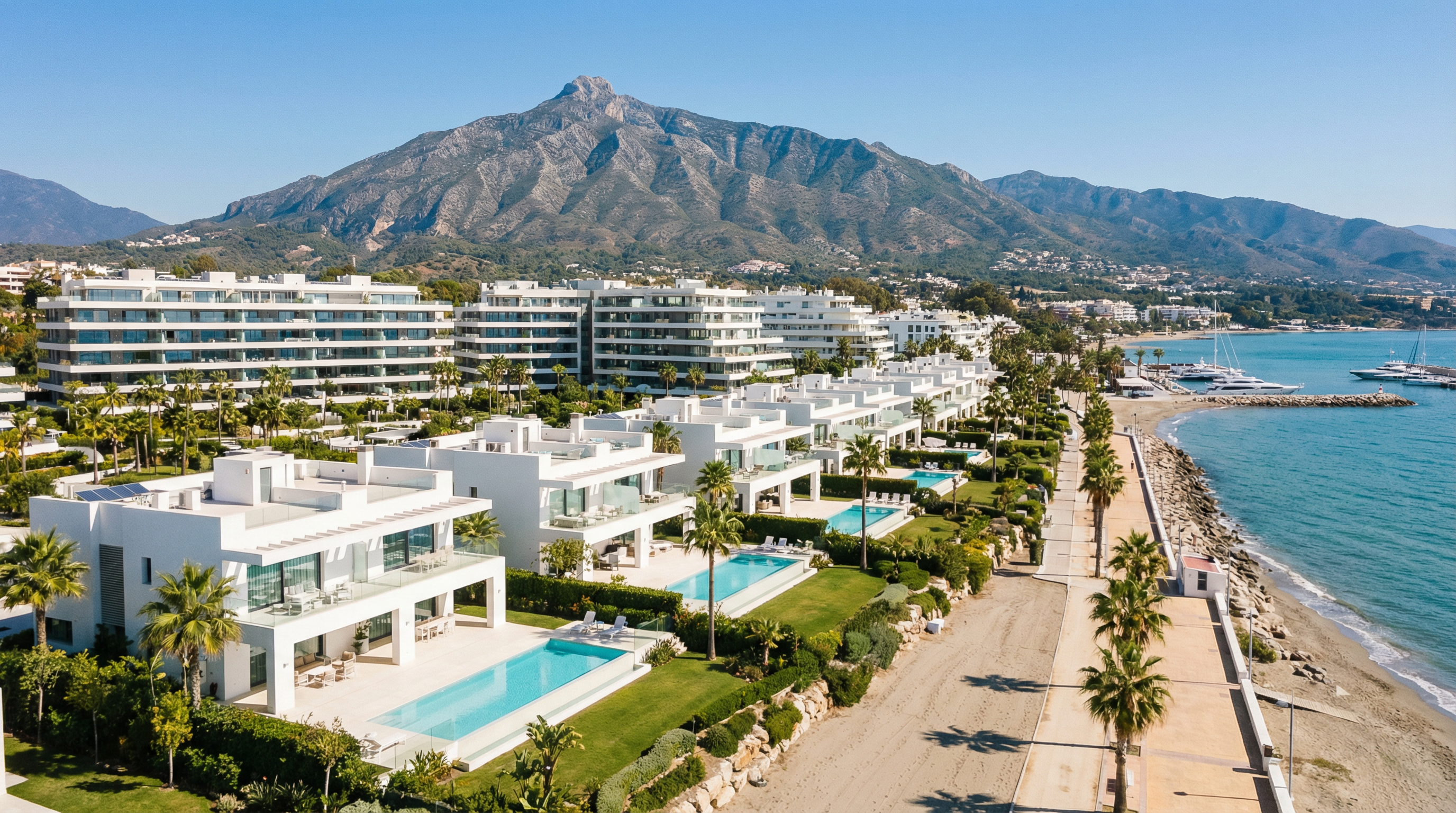 Aerial view of Marbella, Costa del Sol showing Mediterranean coastline, luxury properties, and relocation guide opportunities