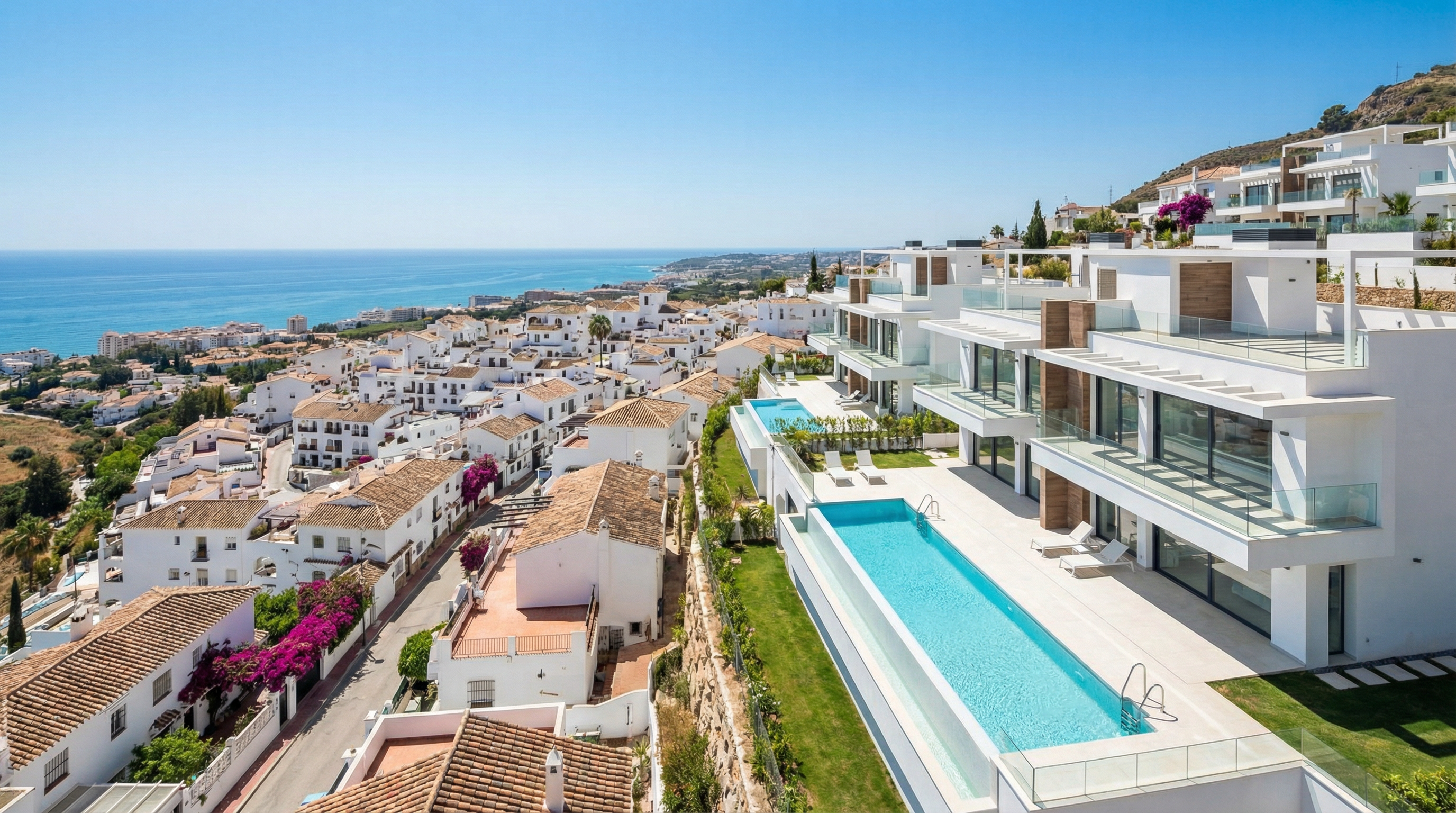Aerial view of Mijas, Costa del Sol showing Mediterranean coastline, luxury properties, and best areas investors opportunities