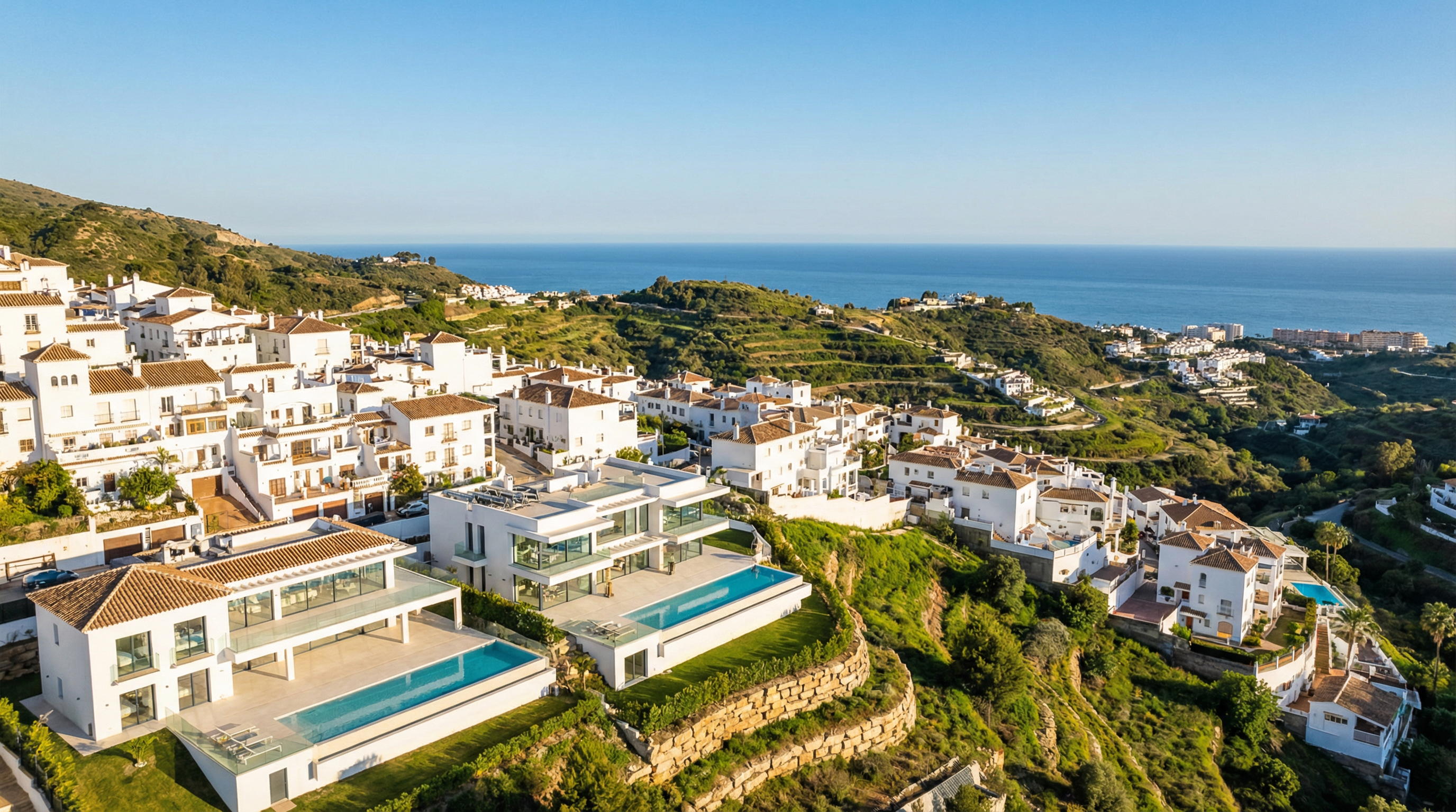 Aerial view of Mijas, Costa del Sol showing Mediterranean coastline, luxury properties, and best areas families opportunities
