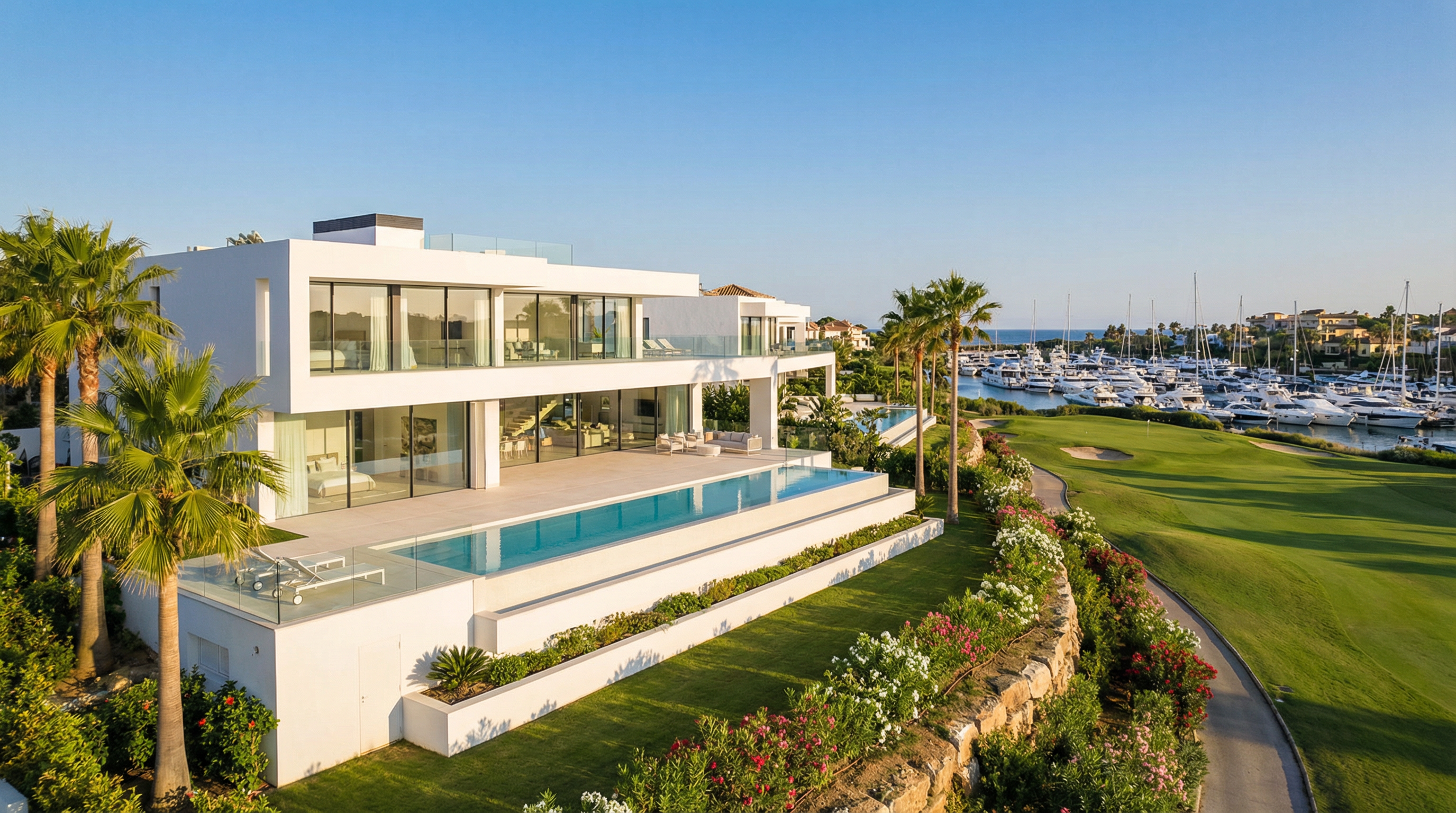 Aerial view of Sotogrande, Costa del Sol showing Mediterranean coastline, luxury properties, and cost of living opportunities