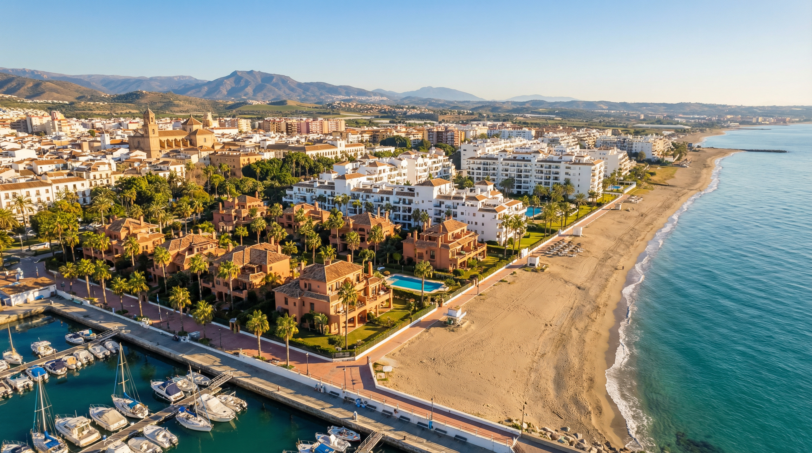 Aerial view of Vélez-Málaga, Costa del Sol showing Mediterranean coastline, luxury properties, and cost of living opportunities