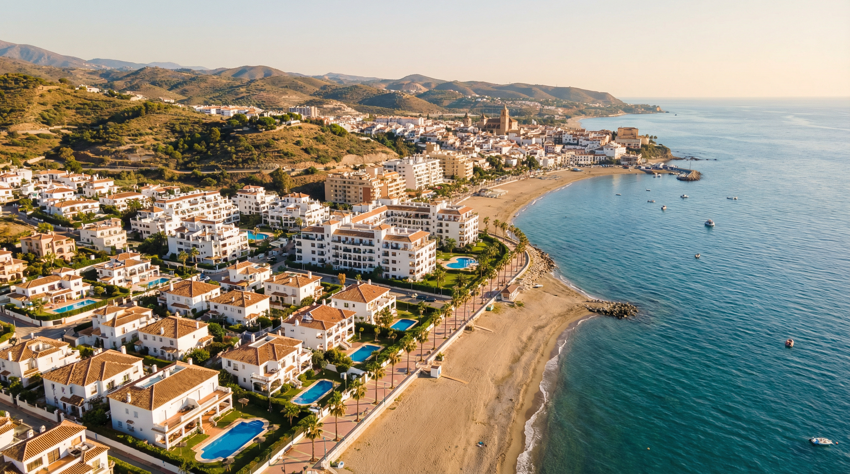 Aerial view of Vélez-Málaga, Costa del Sol showing Mediterranean coastline, luxury properties, and cost of living opportunities