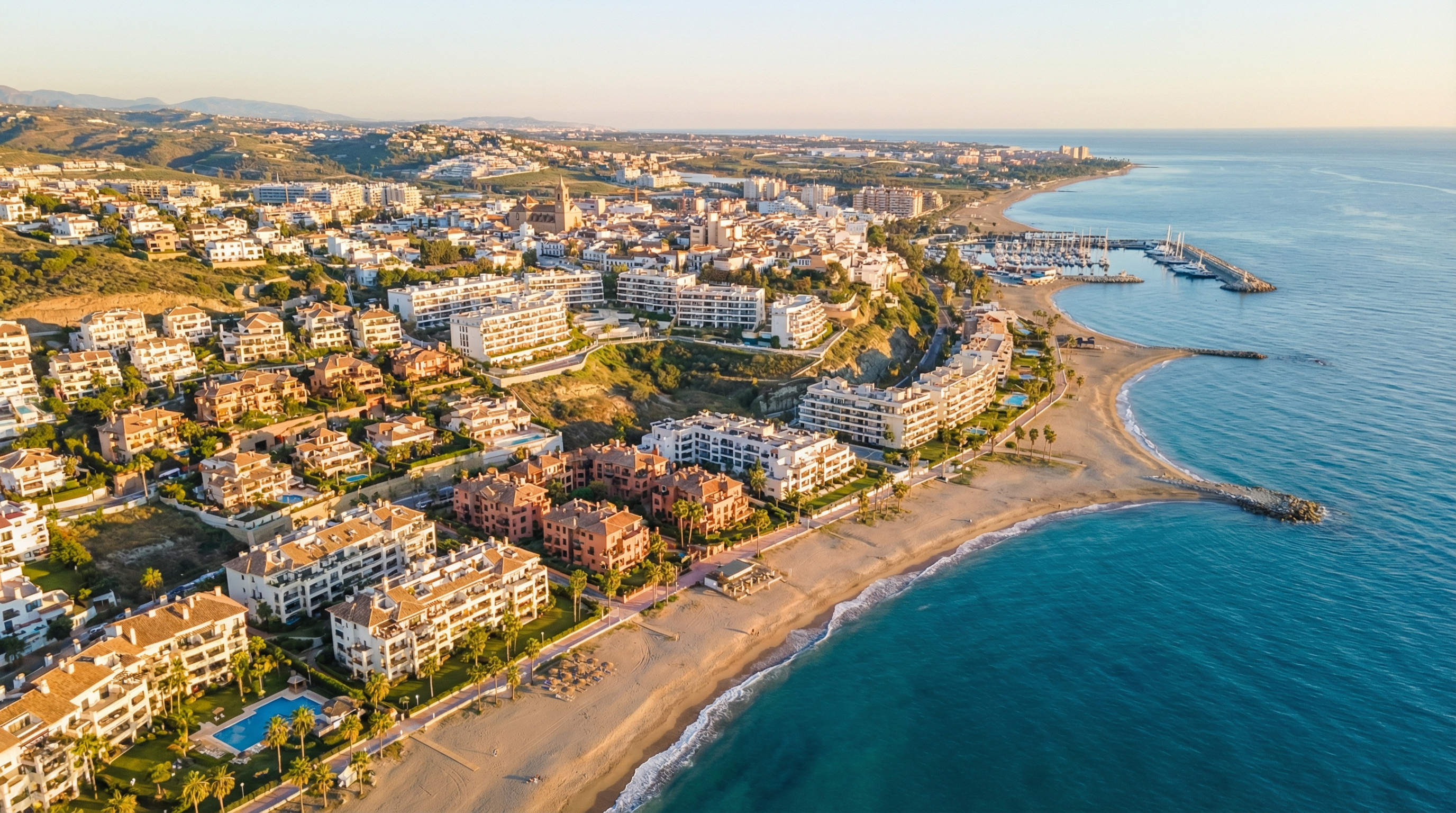 Aerial view of Vélez-Málaga, Costa del Sol showing Mediterranean coastline, luxury properties, and cost of living opportunities
