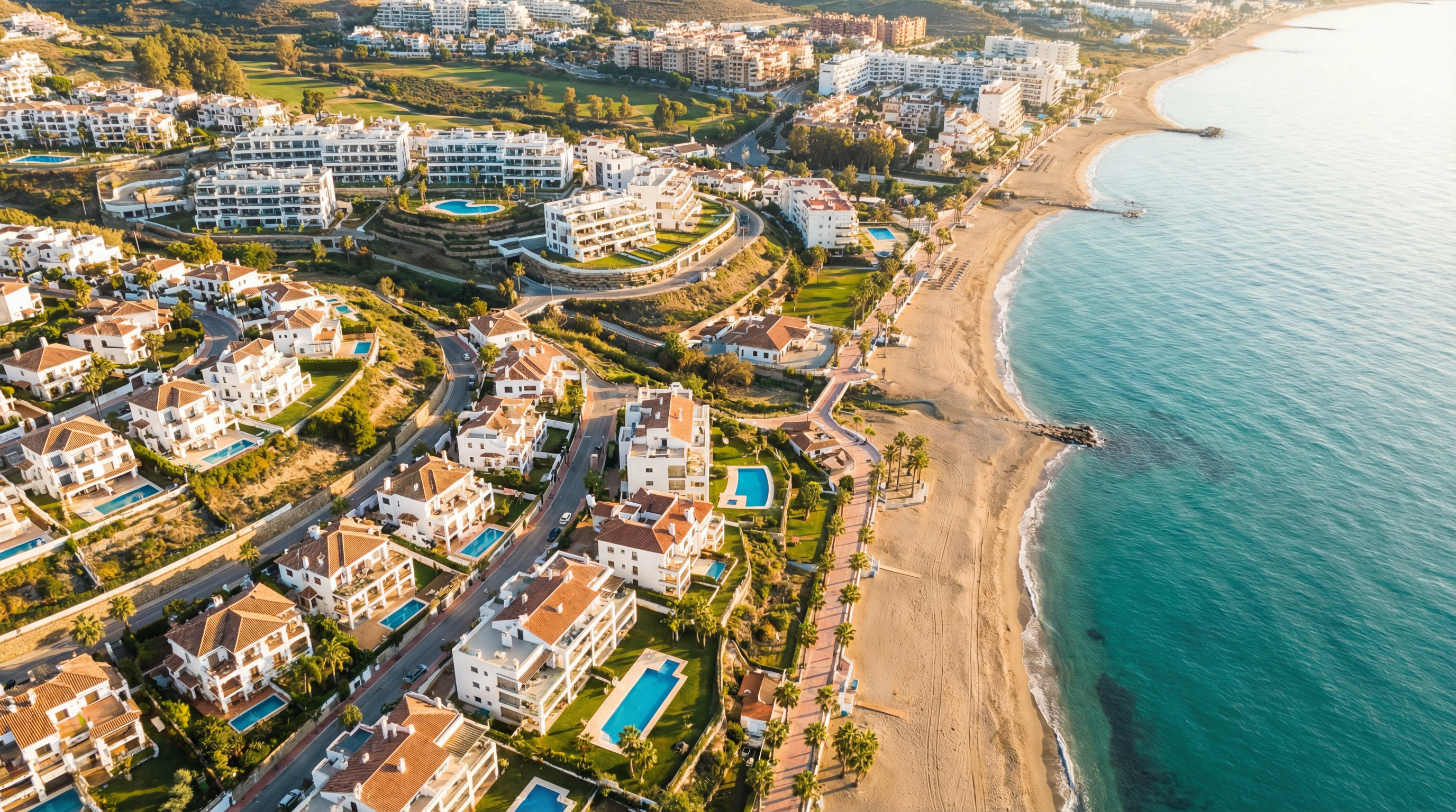 Aerial view of Vélez-Málaga, Costa del Sol showing Mediterranean coastline, luxury properties, and cost of living opportunities