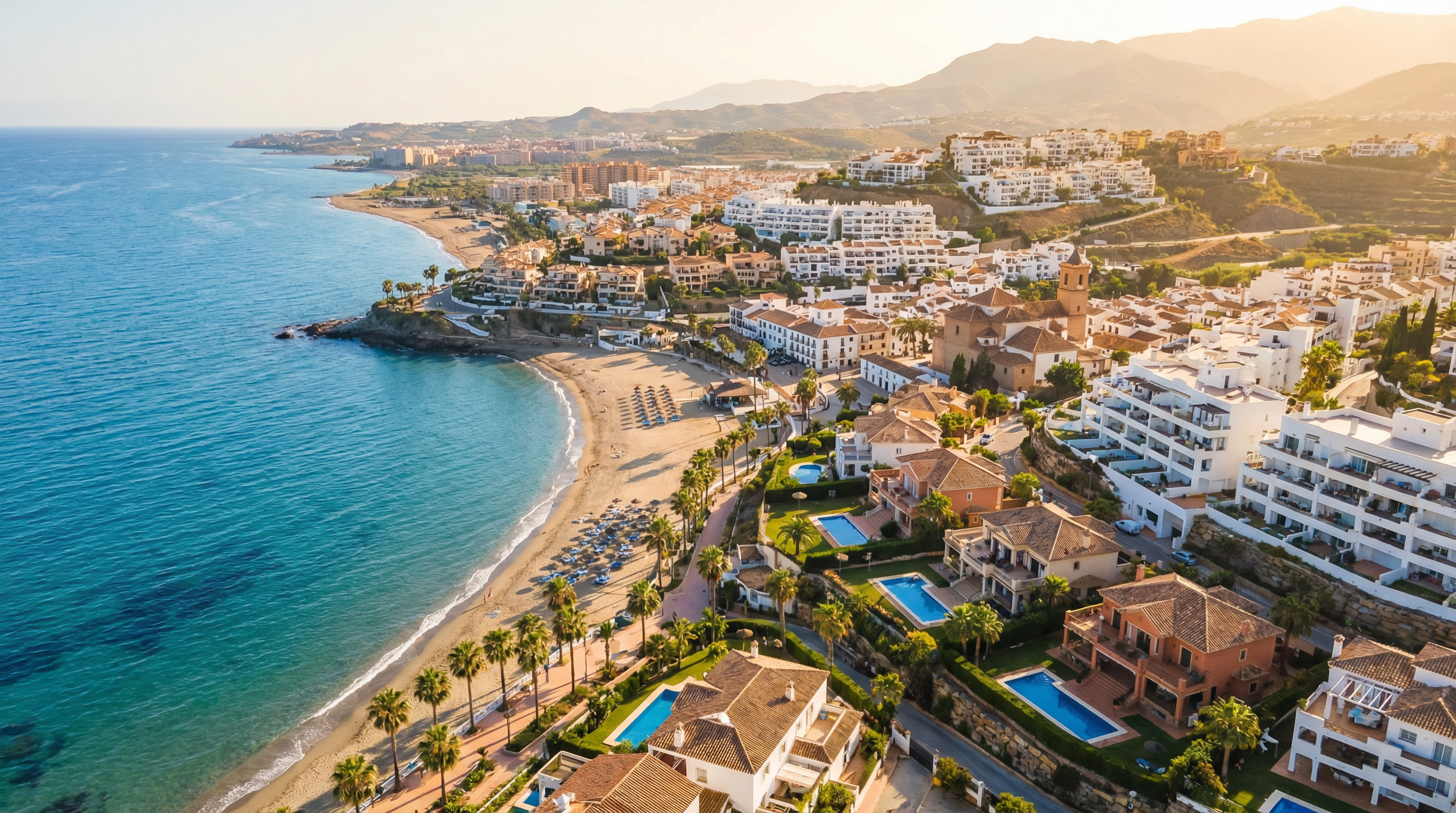 Aerial view of Vélez-Málaga, Costa del Sol showing Mediterranean coastline, luxury properties, and cost of living opportunities