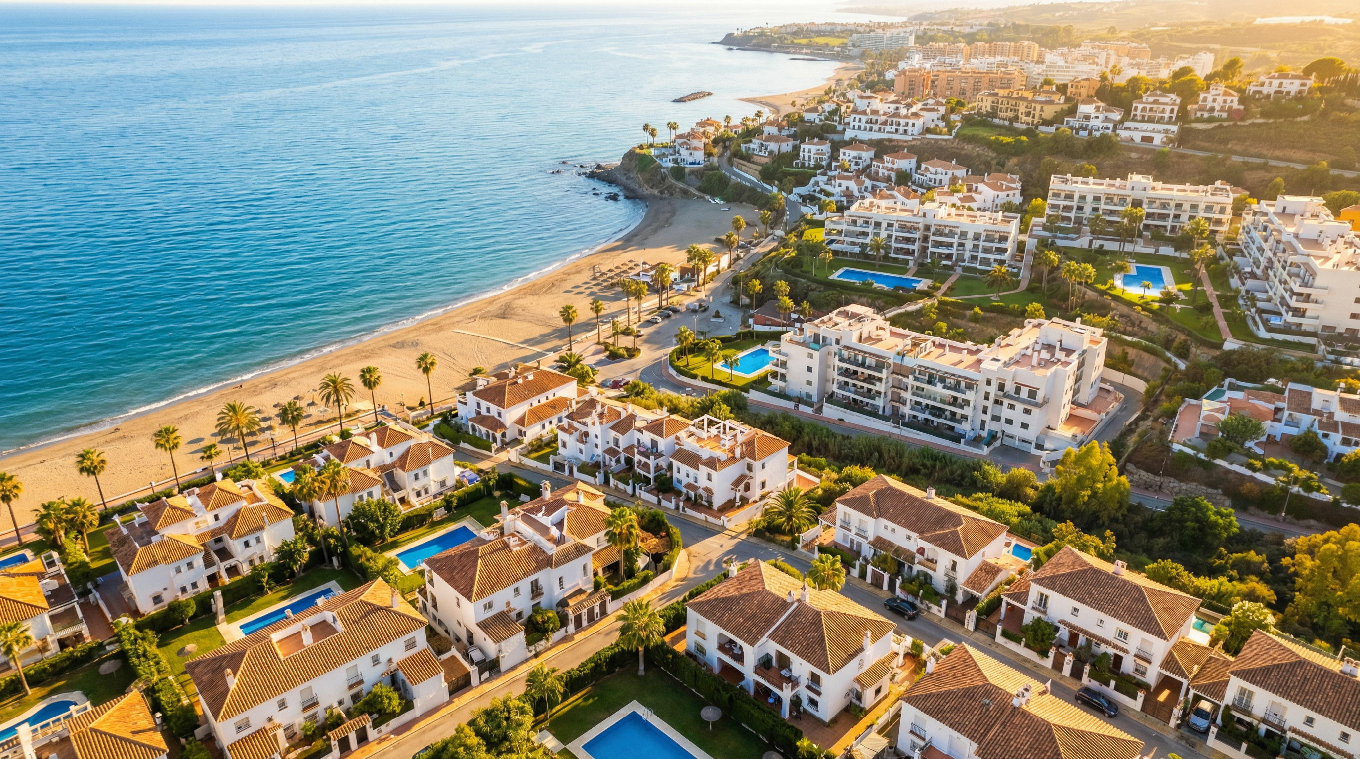 Aerial view of Vélez-Málaga, Costa del Sol showing Mediterranean coastline, luxury properties, and cost of living opportunities