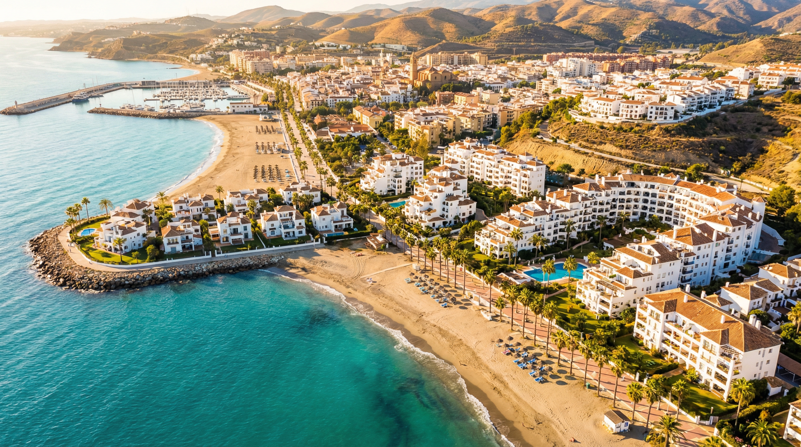 Aerial view of Vélez-Málaga, Costa del Sol showing Mediterranean coastline, luxury properties, and cost of living opportunities