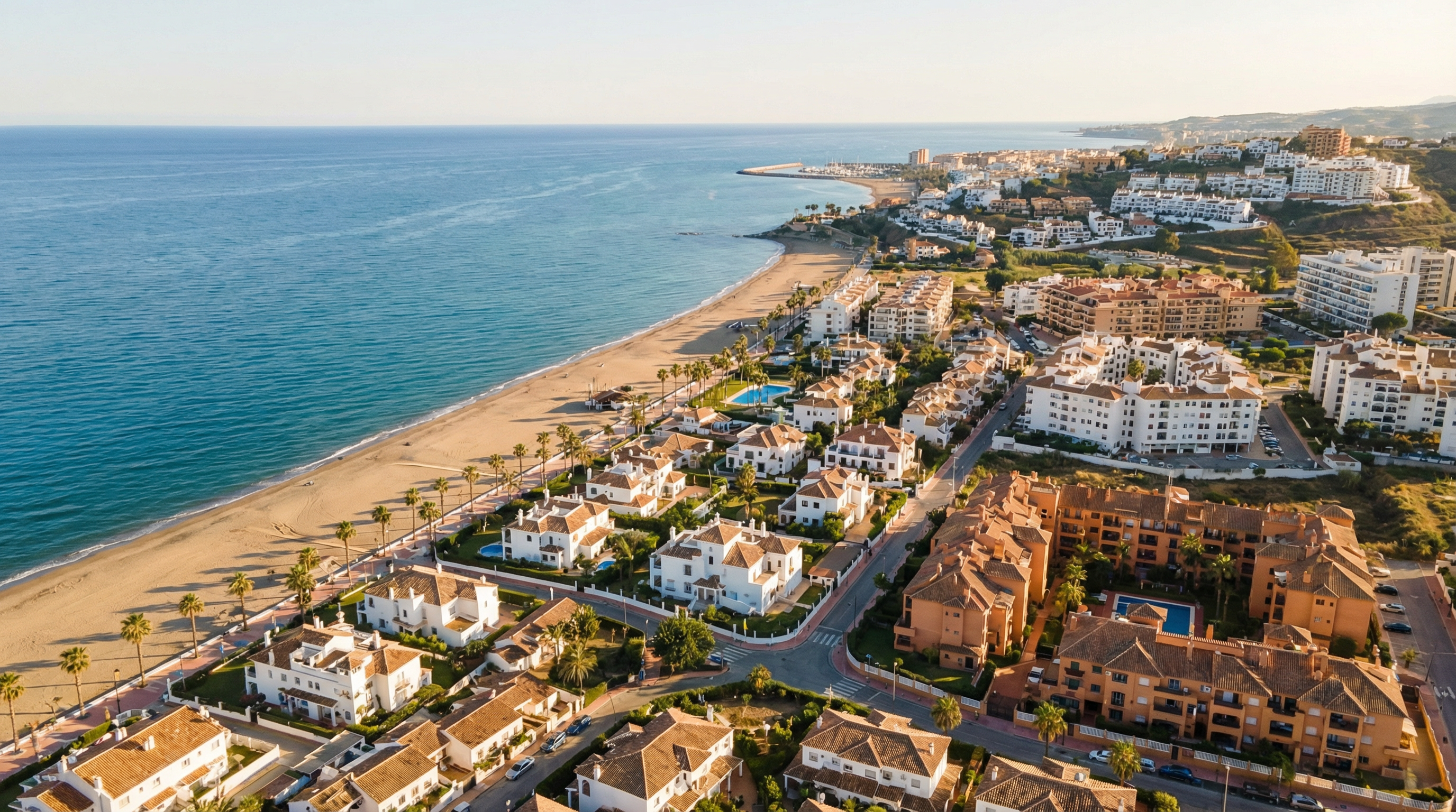 Aerial view of Vélez-Málaga, Costa del Sol showing Mediterranean coastline, luxury properties, and cost of living opportunities