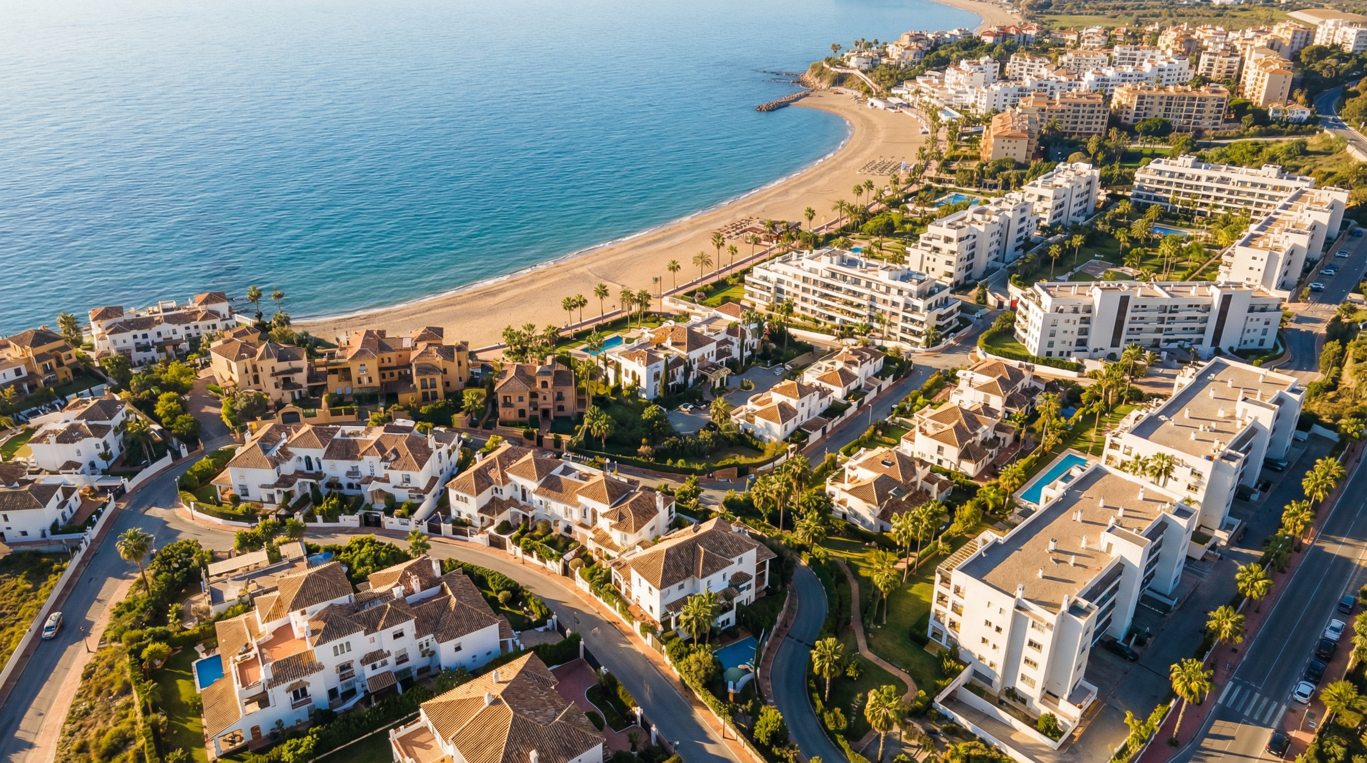 Aerial view of Vélez-Málaga, Costa del Sol showing Mediterranean coastline, luxury properties, and cost of living opportunities