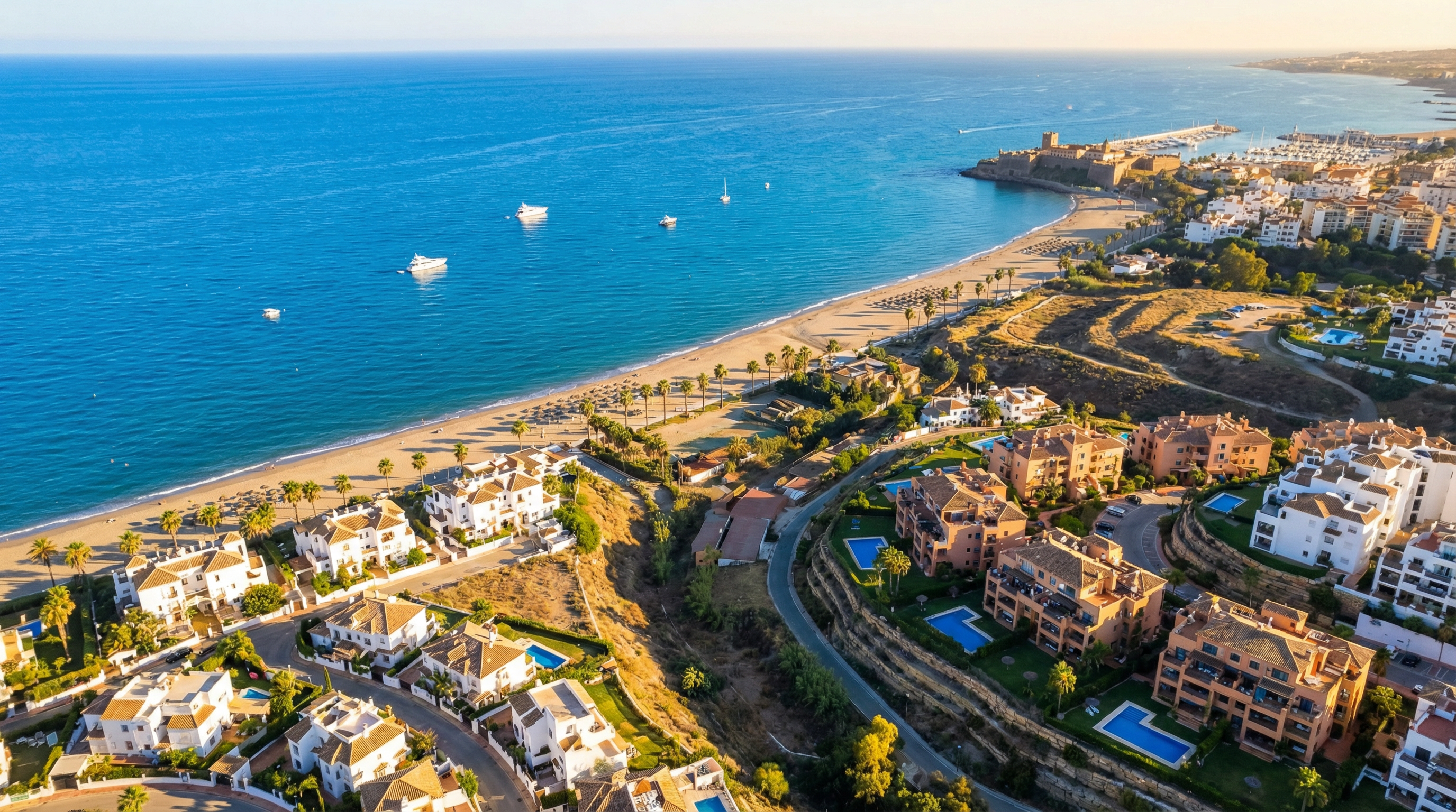 Aerial view of Vélez-Málaga, Costa del Sol showing Mediterranean coastline, luxury properties, and cost of living opportunities