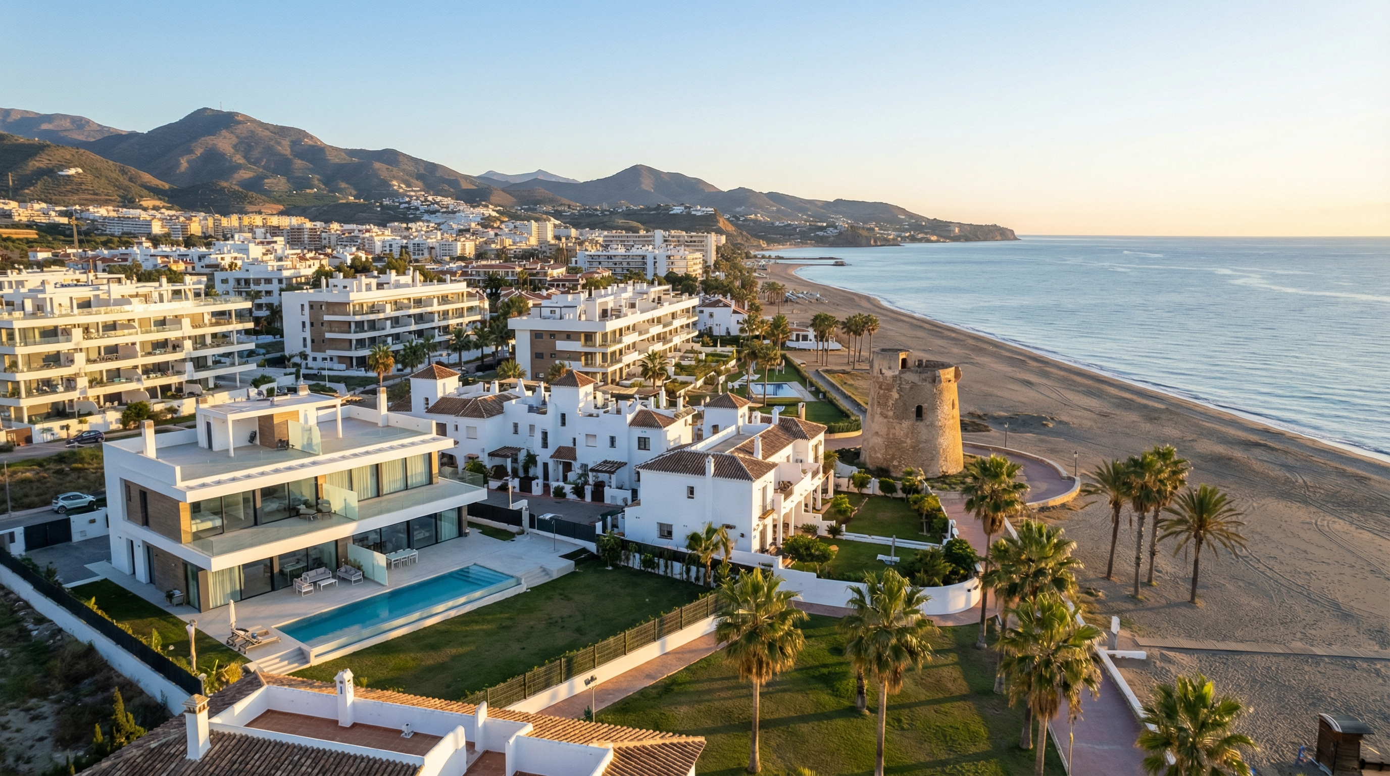 Aerial view of Vélez-Málaga, Costa del Sol showing Mediterranean coastline, luxury properties, and relocation guide opportunities